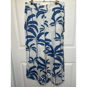 NWT Tahari‎ Luxe Lin Women's Linen Pants Large Blue Palm Elastic Waist Beach